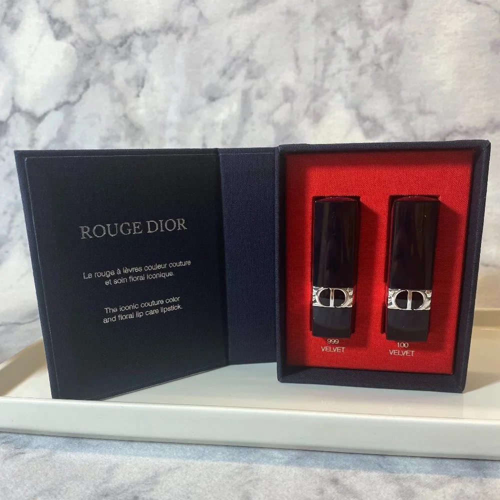 DIOR Rouge Lipstick Twin Set-999 & 100 Velvet-16hr, Shea Butter-2pc-BOXED-NEW